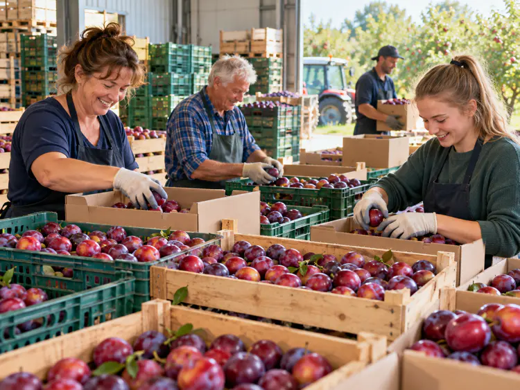 Medewerkers pakken een grote oogst pruimen in. Zo kan het fruit naar de Voedselbank.